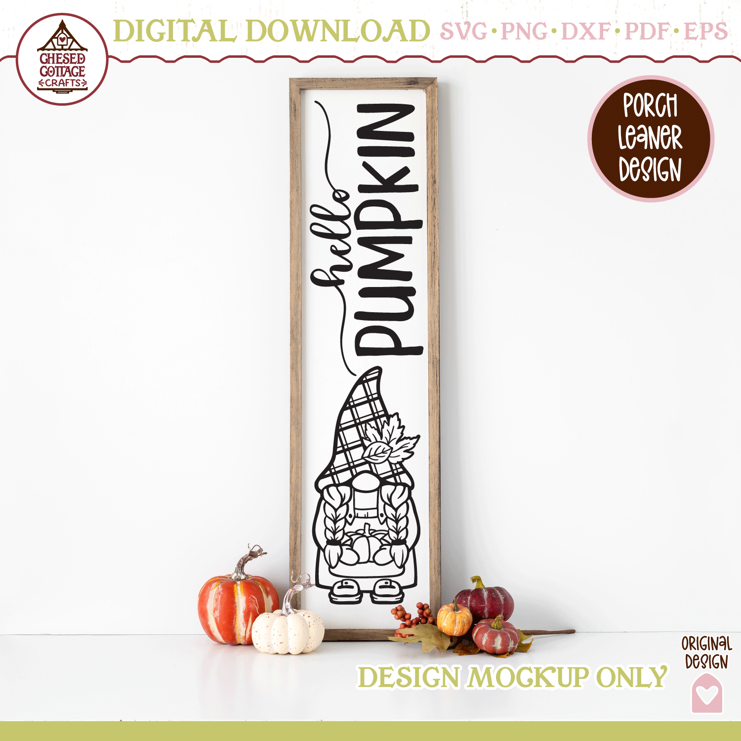 Gnome Hello Pumpkin Fall Porch Leaner Sign