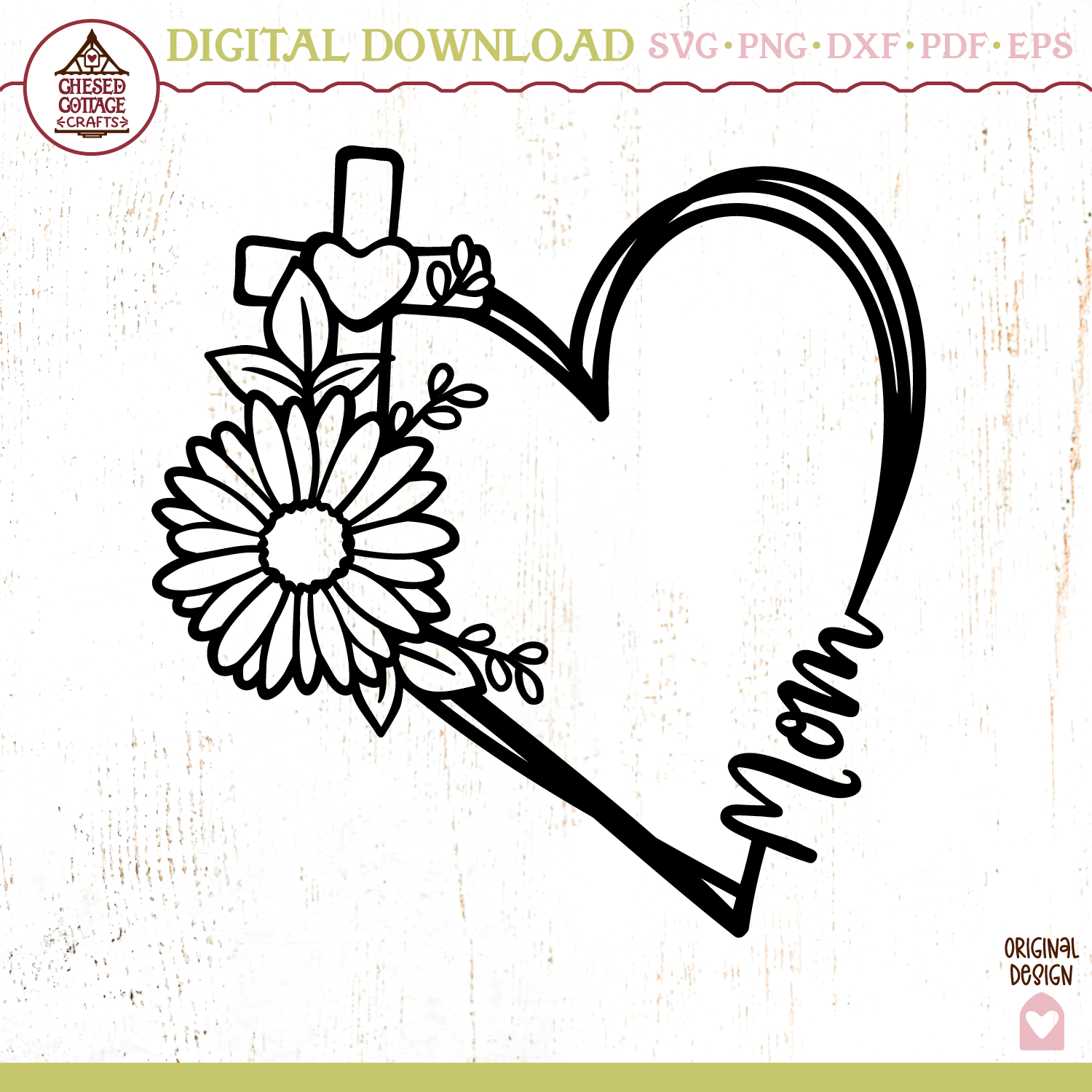 Floral Mom Heart with Cross