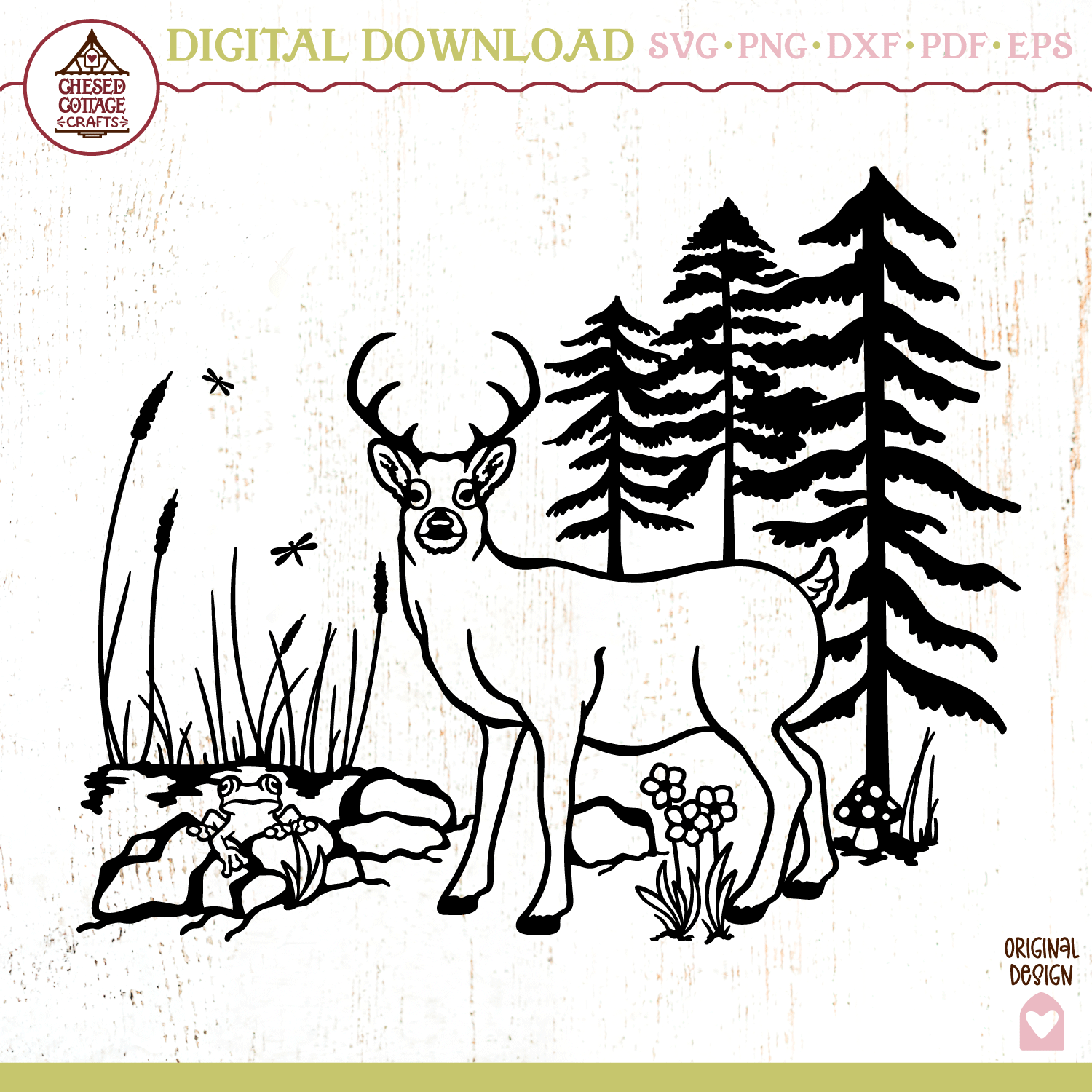 Deer Forest with Pond Scene